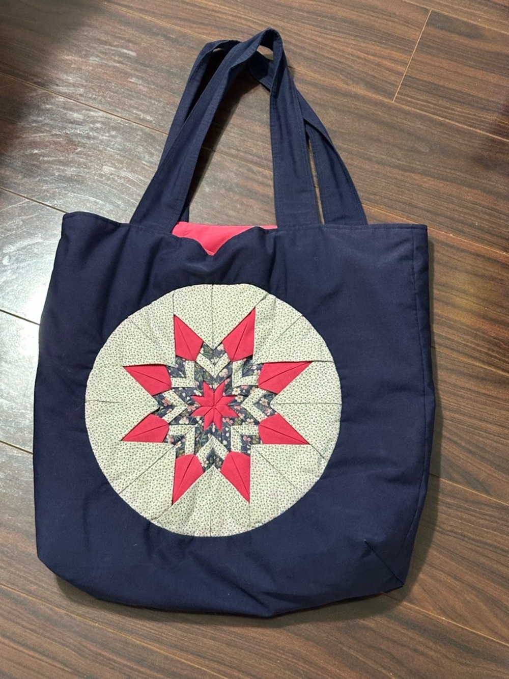 handmade tote bag featuring a quilted star design